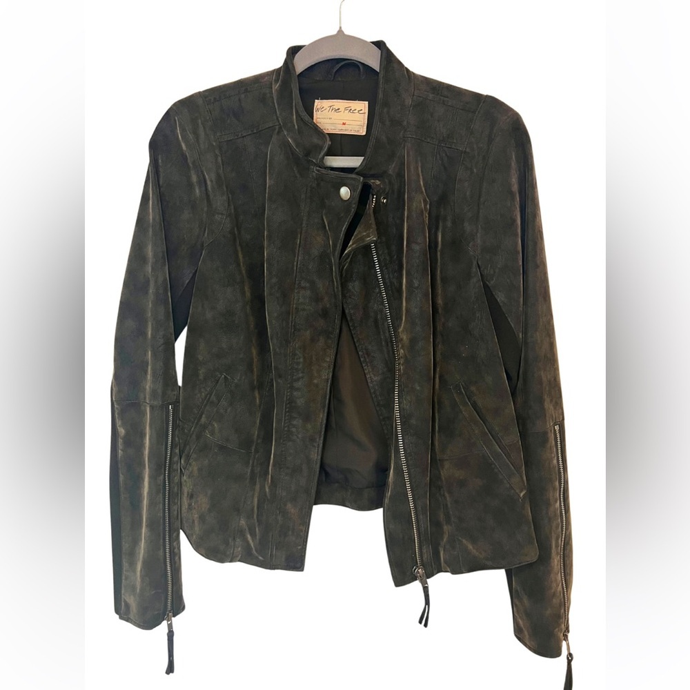 Free People We The Free Faux Suede Moto Jacket Olive/Brown Size M Fitted